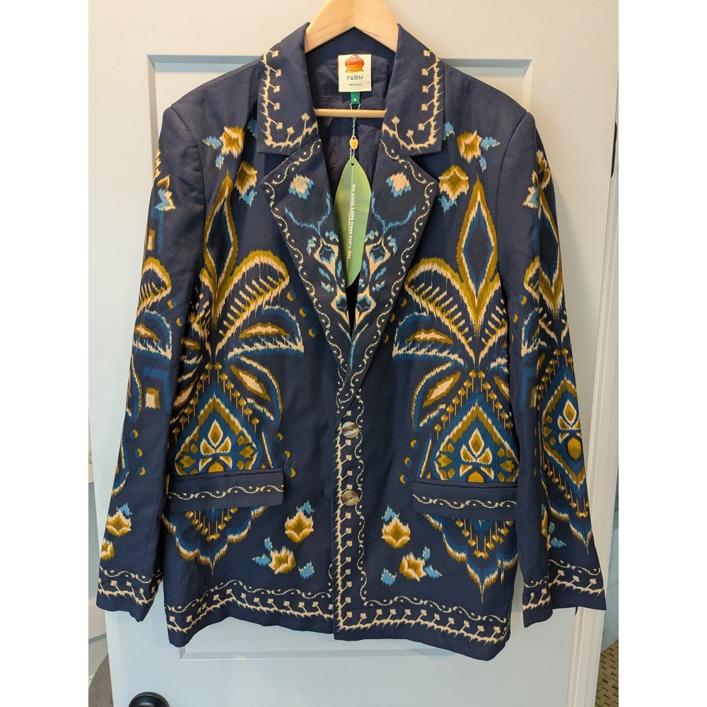 FARM Rio Pineapple Ikat‎ Blazer Jacket Navy Blue Yellow Motif Size M